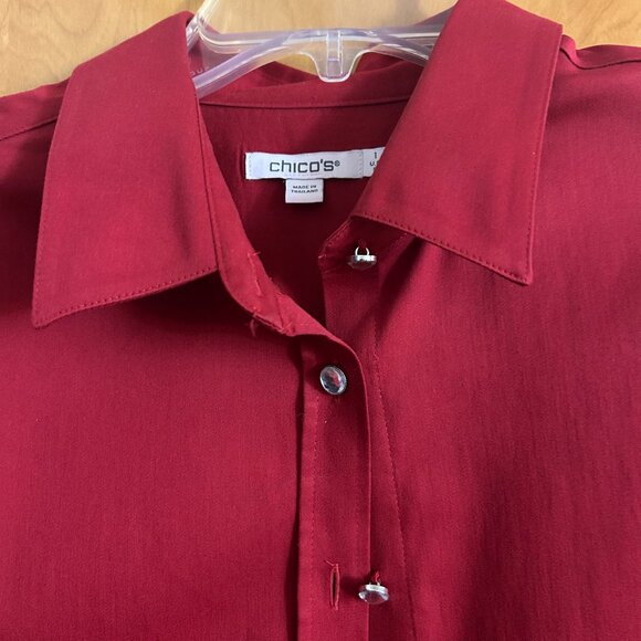 Chico's Women's Button-Up Long Sleeve Shirt Maroon Size 1 Rhinestone Button - Picture 2 of 3
